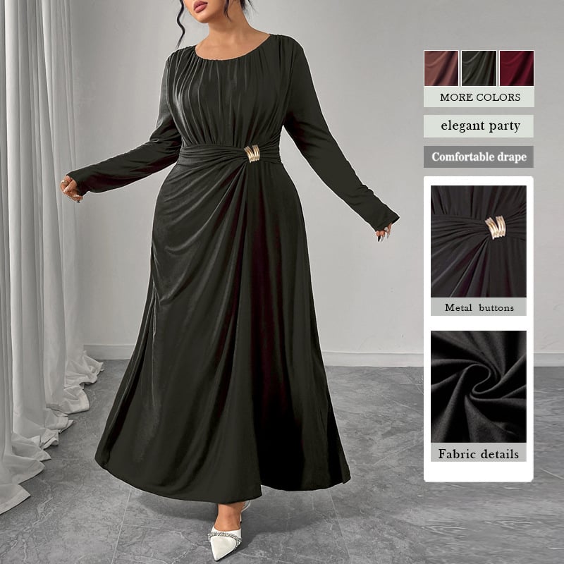 Női ruha V-nyakkal, hosszú ujjú, magas derekú, plisírozott dizájnnal, hosszú szoknyás ruházat