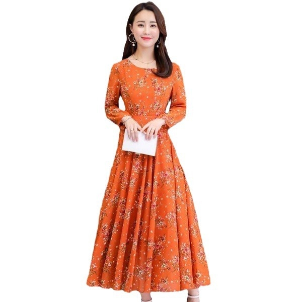 Μίντι φόρεμα με φλοράλ εκτύπωση, Α-γραμμής σιλουέτα, μακριά μανίκια, πολυεστέρας