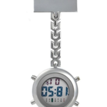 Ápolónői óra digitális kijelzővel, elektronikus működés, fém tokozás, kerek számlap, 15 mm vastagság