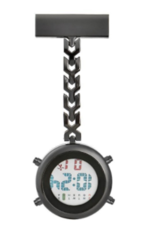 Ápolónői óra digitális kijelzővel, elektronikus működés, fém tokozás, kerek számlap, 15 mm vastagság