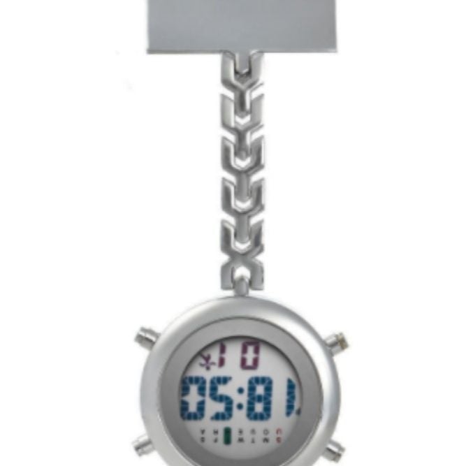 Ápolónői óra digitális kijelzővel, elektronikus működés, fém tokozás, kerek számlap, 15 mm vastagság