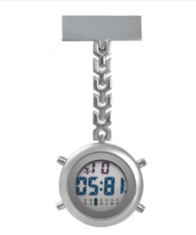 Ápolónői óra digitális kijelzővel, elektronikus működés, fém tokozás, kerek számlap, 15 mm vastagság