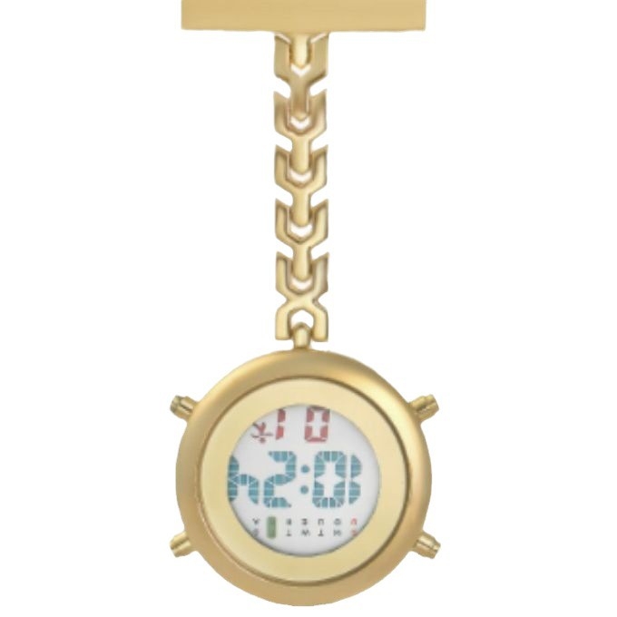 Ápolónői óra digitális kijelzővel, elektronikus működés, fém tokozás, kerek számlap, 15 mm vastagság