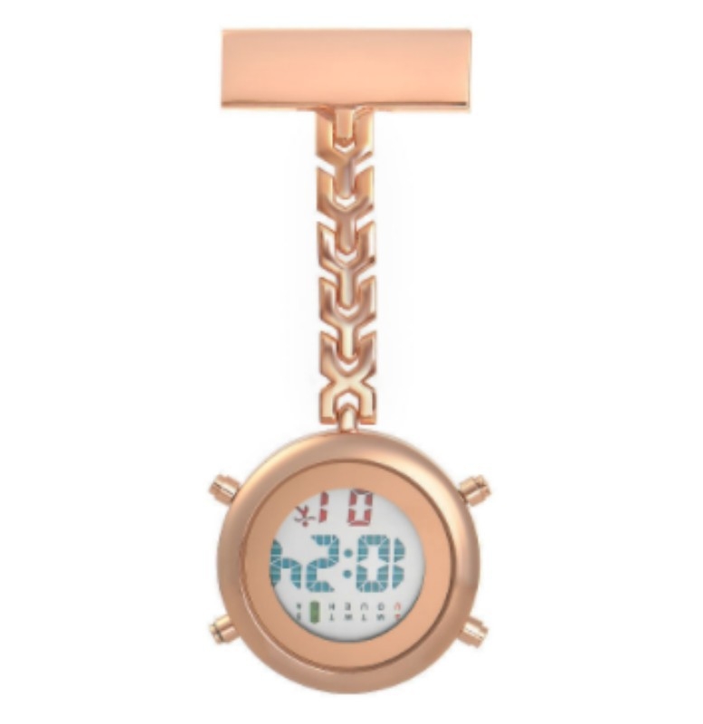 Ápolónői óra digitális kijelzővel, elektronikus működés, fém tokozás, kerek számlap, 15 mm vastagság