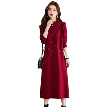 Vunena haljina A-linije s okruglim izrezom, dugim rukavima, srednje duljine