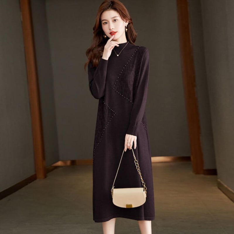 Vunena haljina A-linije s okruglim izrezom, dugim rukavima, srednje duljine