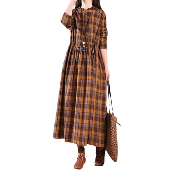 Haljina od pamuka i lana s kariranim uzorkom, duga A-linija silueta, polo ovratnik, vintage stil