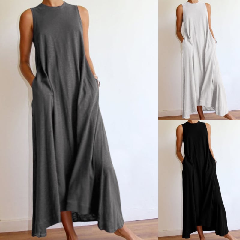 Haljina s okruglim izrezom, bez rukava, Milk Silk tkanina, dugačkog kroja