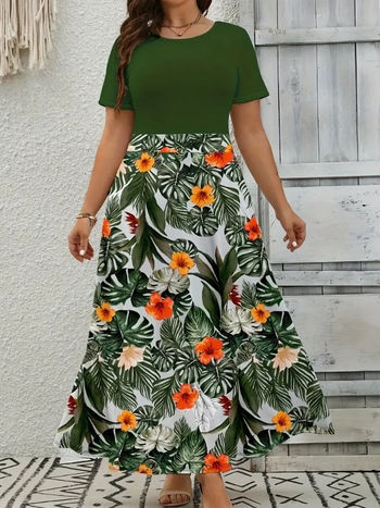 Haljina od Milk Silk tkanine, print, okrugli izrez, elegantne kratki rukavi, duga suknja