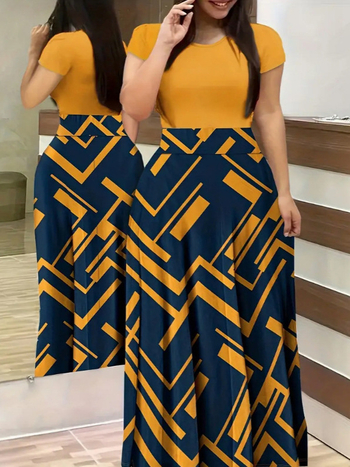 Haljina od Milk Silk tkanine, print, okrugli izrez, elegantne kratki rukavi, duga suknja