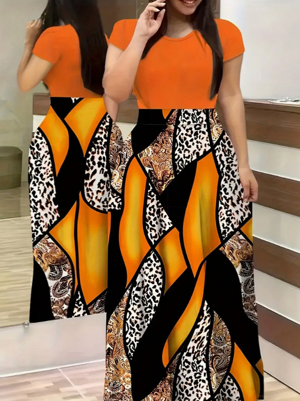 Haljina od Milk Silk tkanine, print, okrugli izrez, elegantne kratki rukavi, duga suknja
