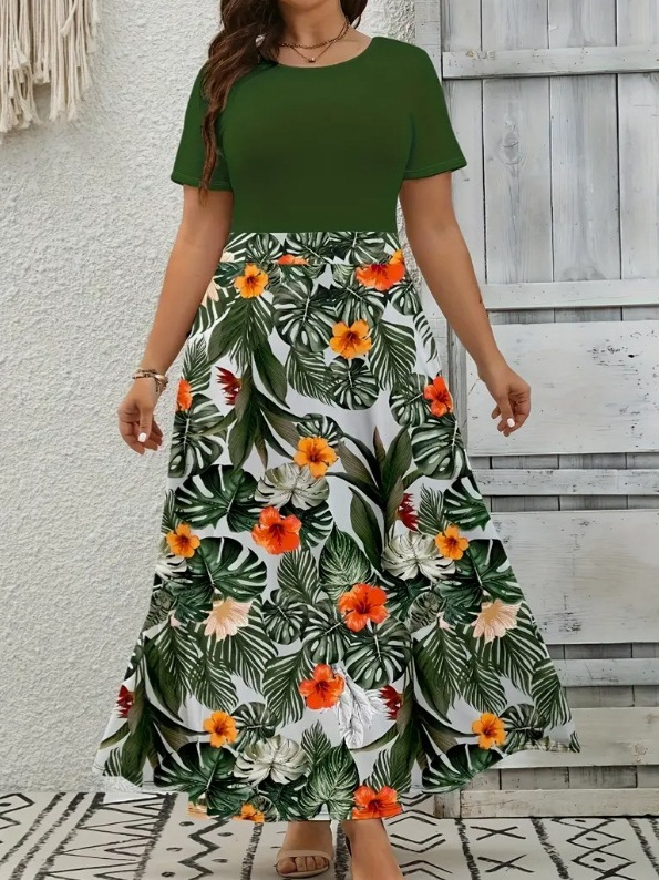 Haljina od Milk Silk tkanine, print, okrugli izrez, elegantne kratki rukavi, duga suknja