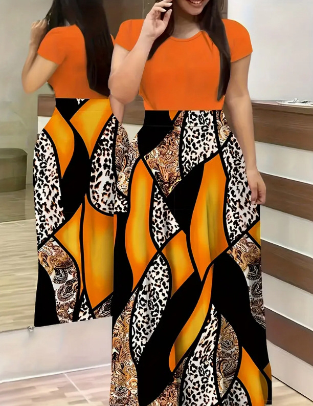 Haljina od Milk Silk tkanine, print, okrugli izrez, elegantne kratki rukavi, duga suknja