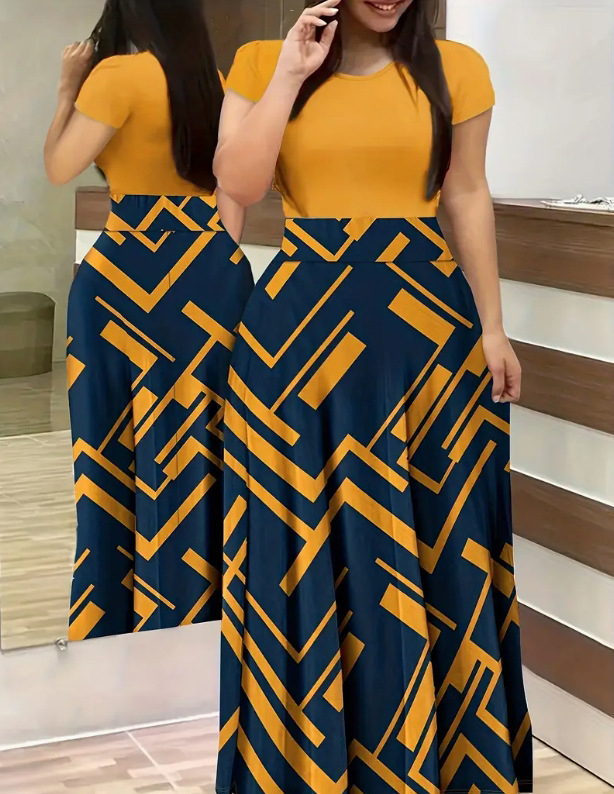 Haljina od Milk Silk tkanine, print, okrugli izrez, elegantne kratki rukavi, duga suknja