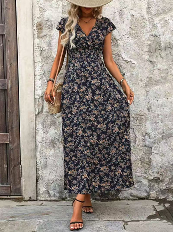 Virágmintás ruha, V-nyakú, A-vonalú, hosszú szoknya, poliészter-spandex keverék, hercegnői ujjú, tavasz 2025