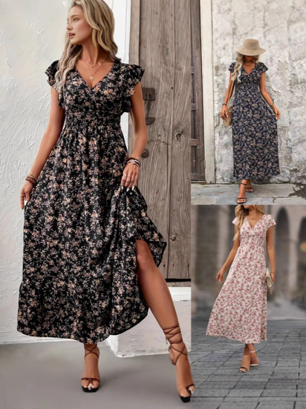 Virágmintás ruha, V-nyakú, A-vonalú, hosszú szoknya, poliészter-spandex keverék, hercegnői ujjú, tavasz 2025