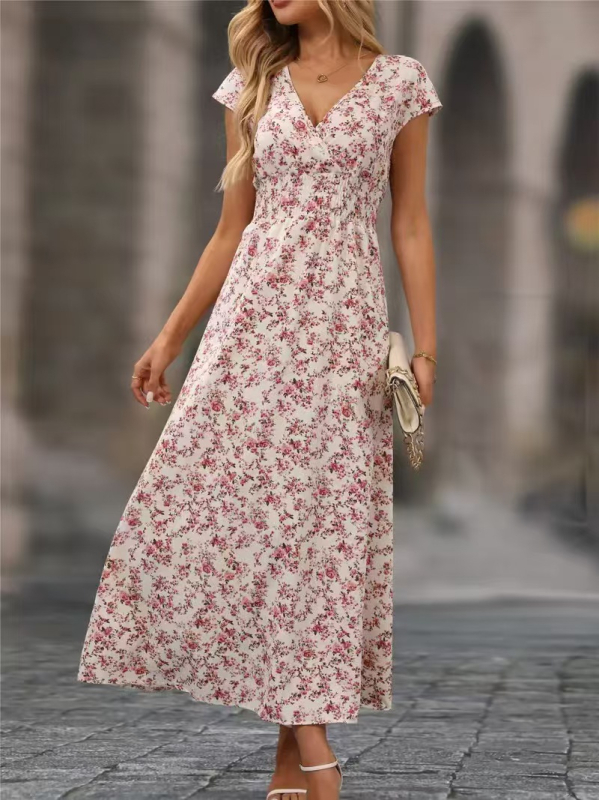 Virágmintás ruha, V-nyakú, A-vonalú, hosszú szoknya, poliészter-spandex keverék, hercegnői ujjú, tavasz 2025