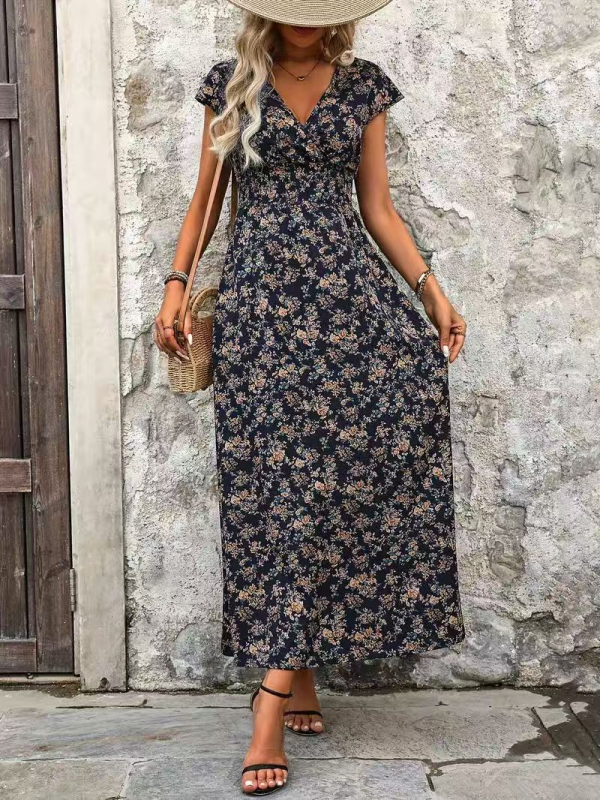 Virágmintás ruha, V-nyakú, A-vonalú, hosszú szoknya, poliészter-spandex keverék, hercegnői ujjú, tavasz 2025