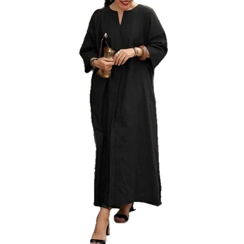 Duga haljina od pamuka i lana, A-linija, V izrez, 3/4 rukava, labav struk, jednobojna boja, patchwork stil