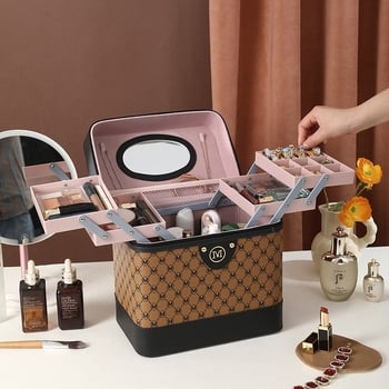 Női kozmetikai neszesszer, PU bőr, nylon bélés, doboz alakú poggyász stílus, egyszínű mintázat, sokfunkciós szervező