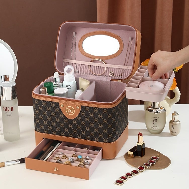 Női kozmetikai neszesszer, PU bőr, nylon bélés, doboz alakú poggyász stílus, egyszínű mintázat, sokfunkciós szervező