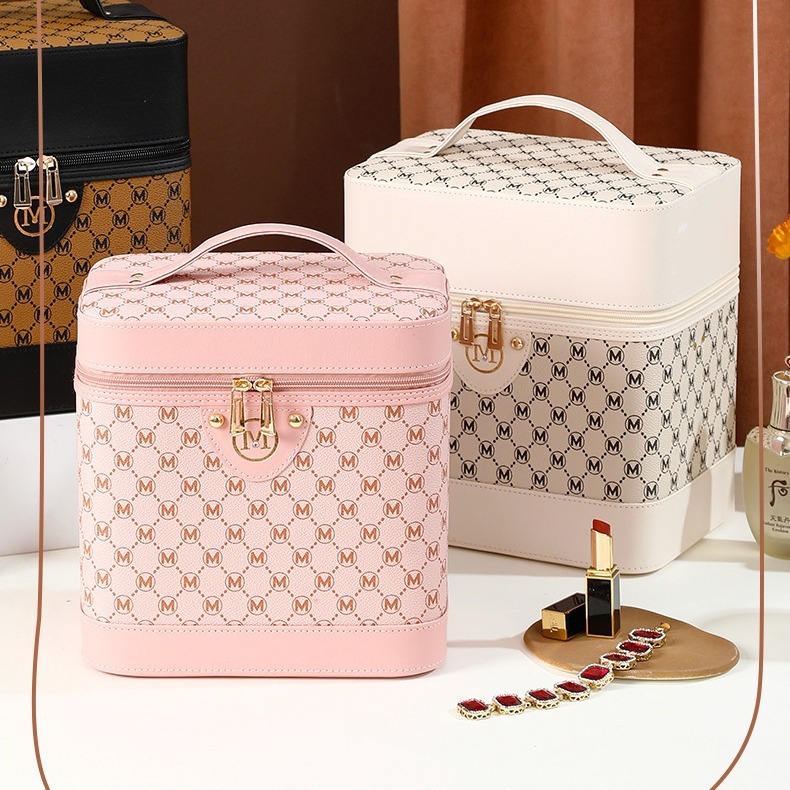 Női kozmetikai neszesszer, PU bőr, nylon bélés, doboz alakú poggyász stílus, egyszínű mintázat, sokfunkciós szervező