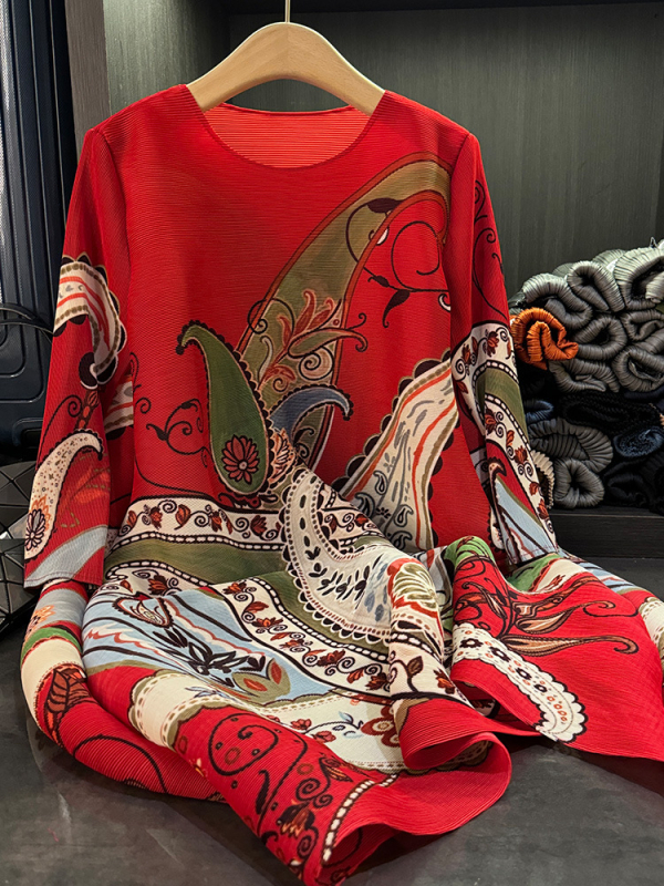 Ženska haljina s otiskom biljaka i cvijeća, okrugli izrez, plisirana, A-linija, srednje duljine, elastični poliester, jesen 2024