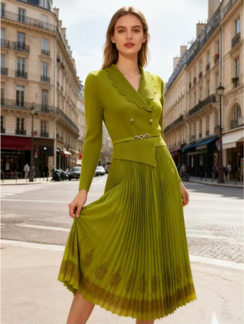 Pliszírozott hosszú ruha, A-vonalú sziluett, kosztüm gallér, 3/4-ös ujjú, forró bélyegzés poliészter 95%+