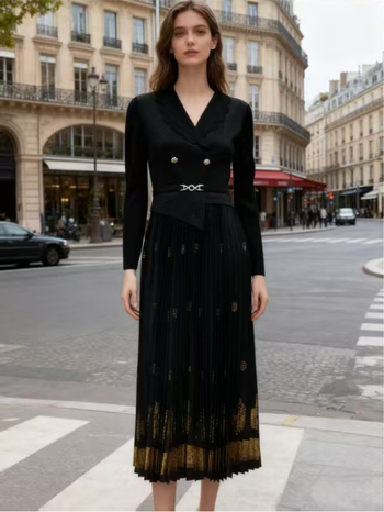 Pliszírozott hosszú ruha, A-vonalú sziluett, kosztüm gallér, 3/4-ös ujjú, forró bélyegzés poliészter 95%+