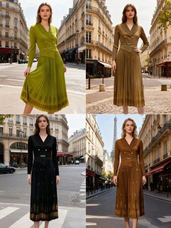 Pliszírozott hosszú ruha, A-vonalú sziluett, kosztüm gallér, 3/4-ös ujjú, forró bélyegzés poliészter 95%+