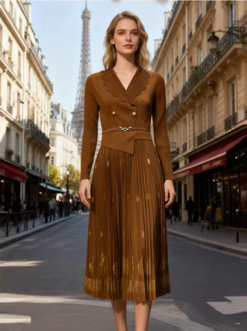 Pliszírozott hosszú ruha, A-vonalú sziluett, kosztüm gallér, 3/4-ös ujjú, forró bélyegzés poliészter 95%+