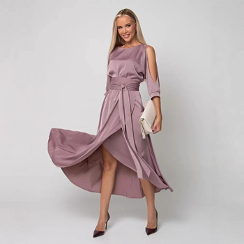 Ženska haljina: poliester s elastanom, jednobojna, okrugli izrez, 3/4 rukavi, duga suknja