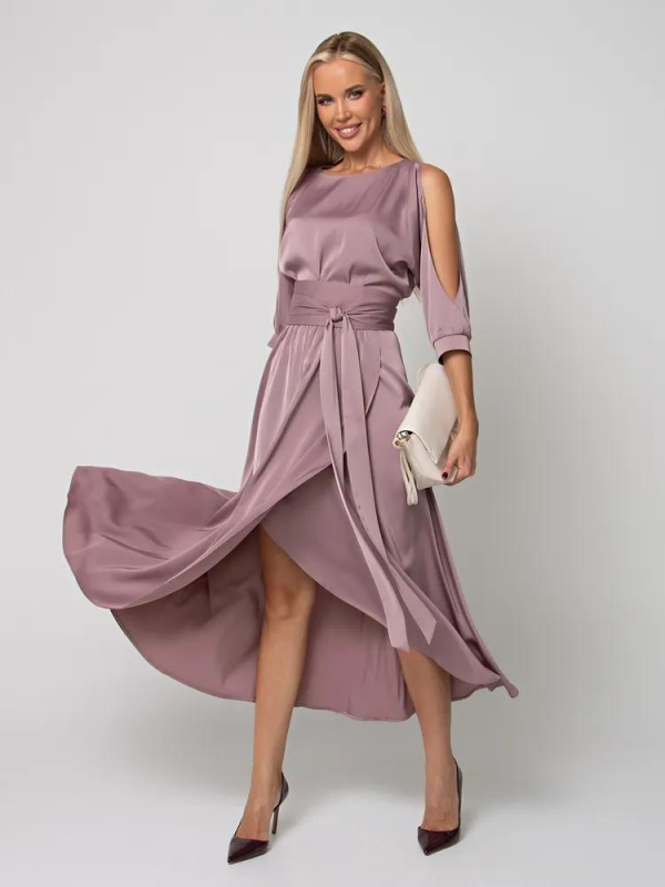 Ženska haljina: poliester s elastanom, jednobojna, okrugli izrez, 3/4 rukavi, duga suknja