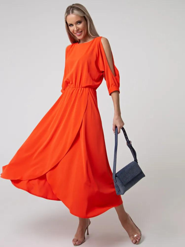 Ženska haljina: poliester s elastanom, jednobojna, okrugli izrez, 3/4 rukavi, duga suknja