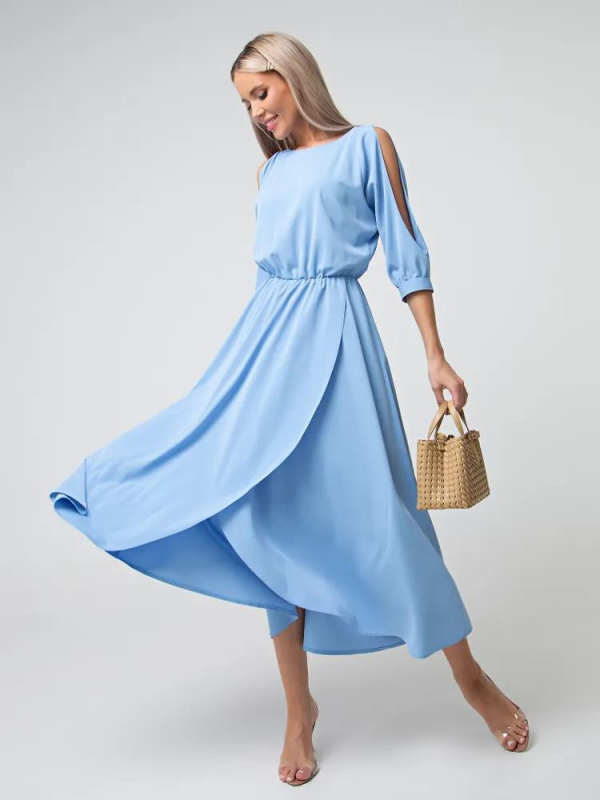 Ženska haljina: poliester s elastanom, jednobojna, okrugli izrez, 3/4 rukavi, duga suknja