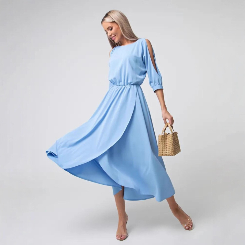 Ženska haljina: poliester s elastanom, jednobojna, okrugli izrez, 3/4 rukavi, duga suknja