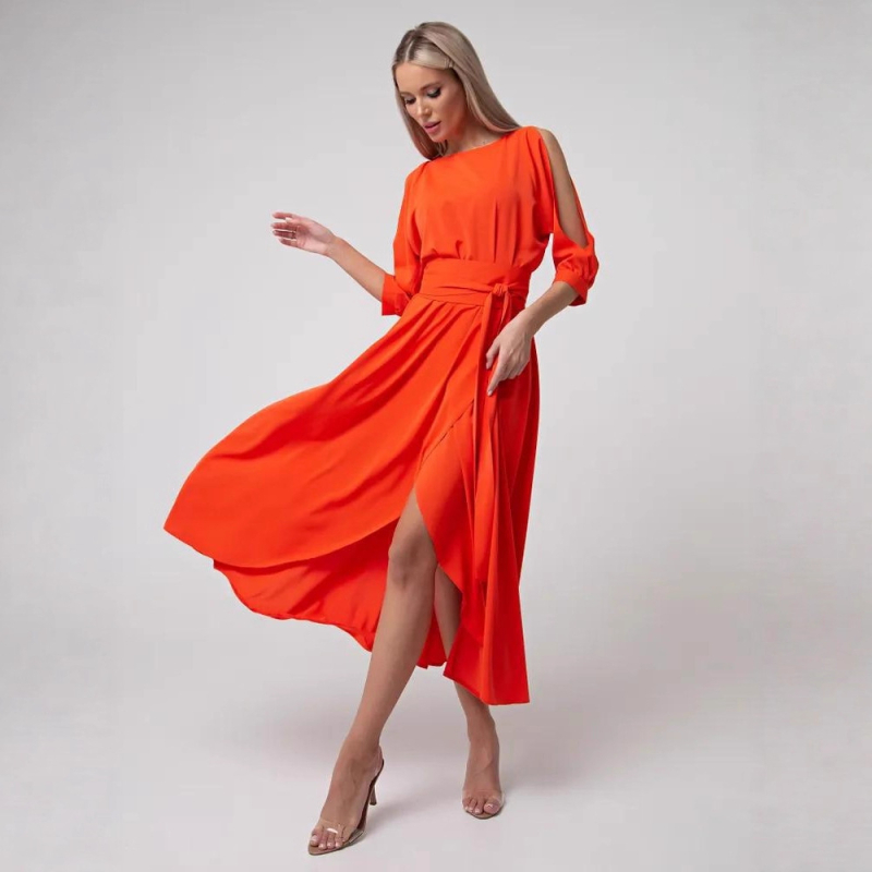 Ženska haljina: poliester s elastanom, jednobojna, okrugli izrez, 3/4 rukavi, duga suknja