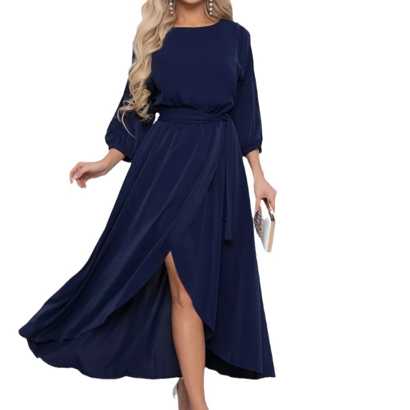 Ženska haljina: poliester s elastanom, jednobojna, okrugli izrez, 3/4 rukavi, duga suknja