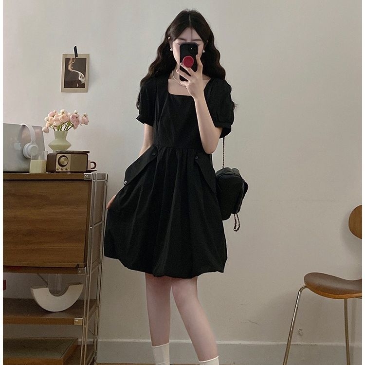 A-vonalú ruha négyszögletes gallérral, buborékos ujjakkal, közepes hosszúságú, chenille anyag 90–95% spandex-szel, érett nő stílus, 2025 nyár