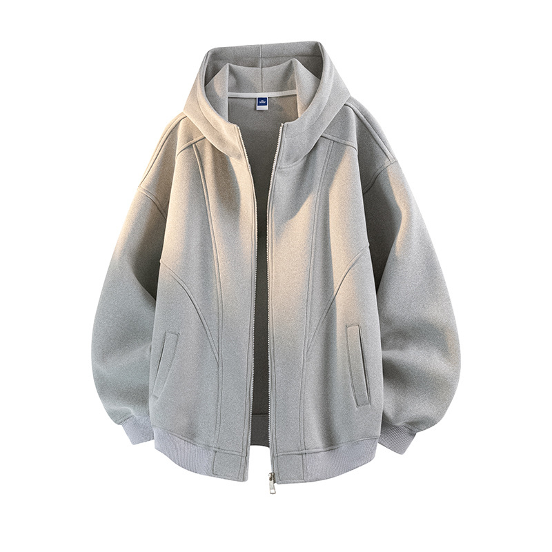 Hooded kardigan-sweatshirt, slobodna silueta, okrugli izrez, dugi rukavi, lagan materijal poliester-spandeks smešavina, trodimenzionalni džep