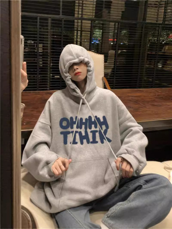 Γυναικείο φούτερ με κουκούλα και φλις επένδυση, εκτύπωση anime, χαλαρή γραμμή, μακριά μανίκια, πολυεστέρας