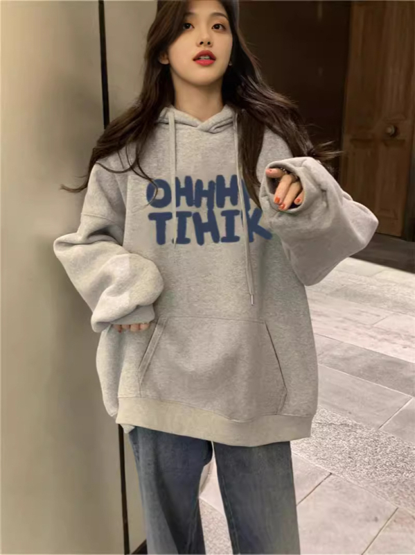 Γυναικείο φούτερ με κουκούλα και φλις επένδυση, εκτύπωση anime, χαλαρή γραμμή, μακριά μανίκια, πολυεστέρας