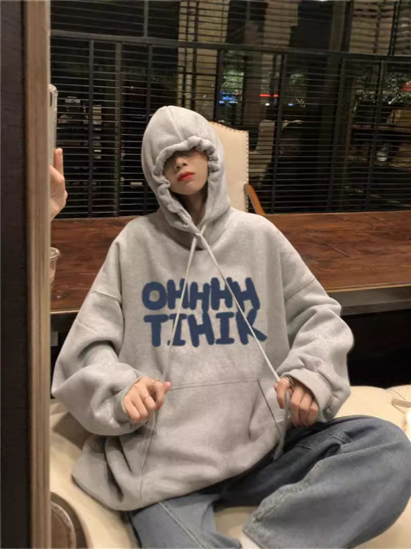 Γυναικείο φούτερ με κουκούλα και φλις επένδυση, εκτύπωση anime, χαλαρή γραμμή, μακριά μανίκια, πολυεστέρας