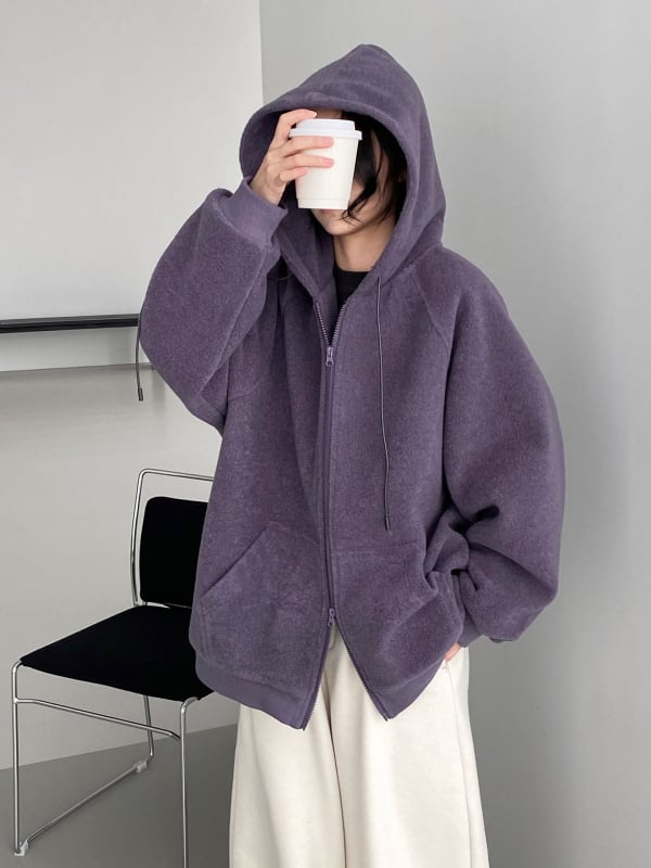 Kapucňový fleece sveter, voľný oversize strih, hrubý polyester, japonsko-kórejský voľno-pohodový štýl (Kapucňa, Hrubý polyester, Voľný strih)