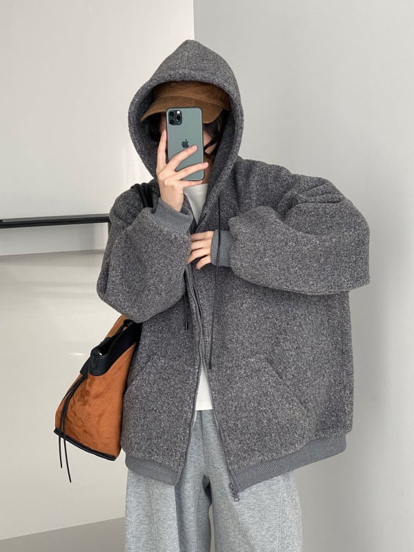 Kapucňový fleece sveter, voľný oversize strih, hrubý polyester, japonsko-kórejský voľno-pohodový štýl (Kapucňa, Hrubý polyester, Voľný strih)