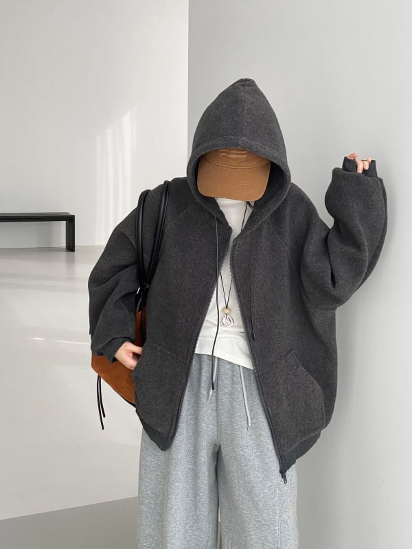 Kapucňový fleece sveter, voľný oversize strih, hrubý polyester, japonsko-kórejský voľno-pohodový štýl (Kapucňa, Hrubý polyester, Voľný strih)