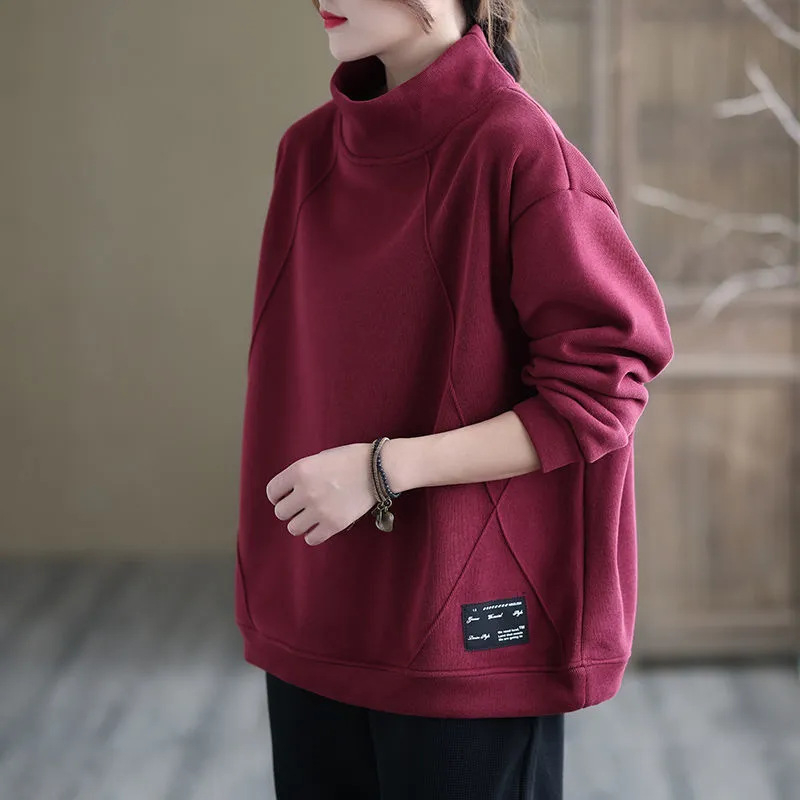 Ženski džemper za jesen-zimu s polovisokom ovratnikom, fleece podstava, debeli materijal, širokog kroja, dugi rukavi, vintage stil