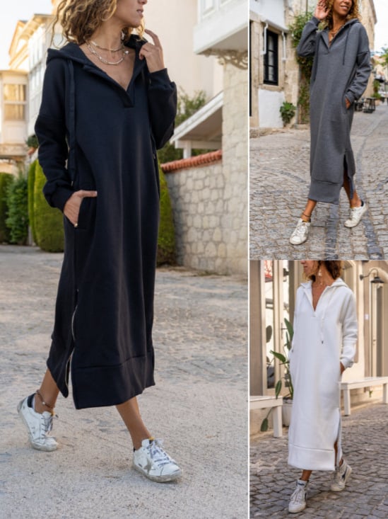 Pletené šaty s kapucňou, fleecovou podšívkou, dlhé 80-100 cm, dlhé rukávy, hrubý polyesterový materiál