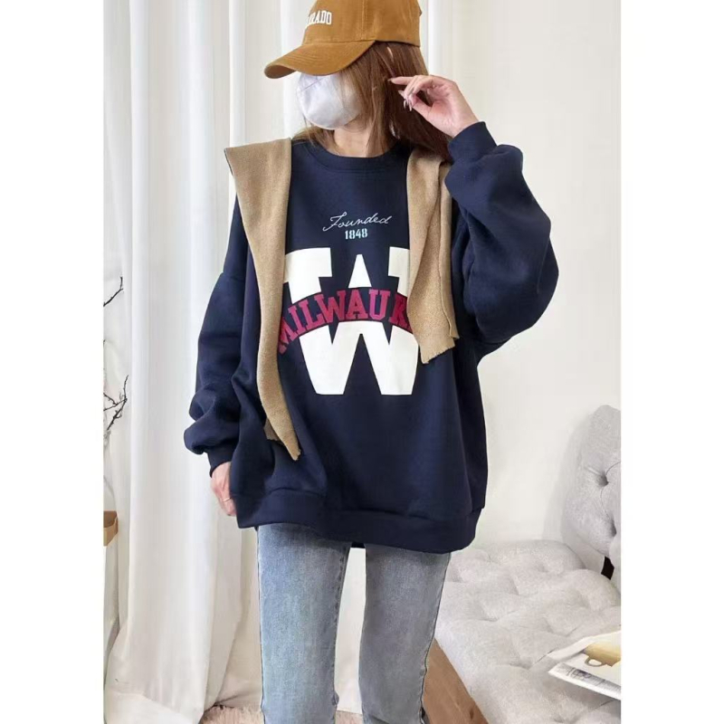 Ženski hoodie pulover s kapuljom, širokog kroja, poliester, otisak s riječima i brojevima, zima 2025