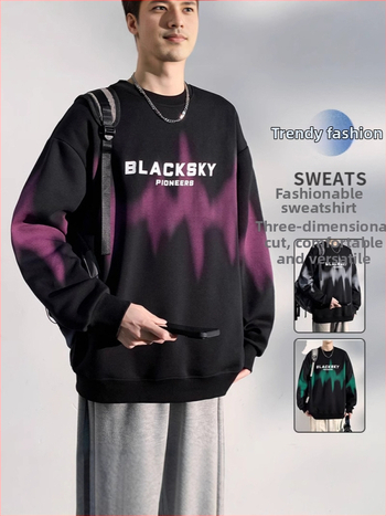 Voľno-strihavý pánsky bavlnený mikina s kruhovým výstrihom a potlačou písmen – streetwear štýl